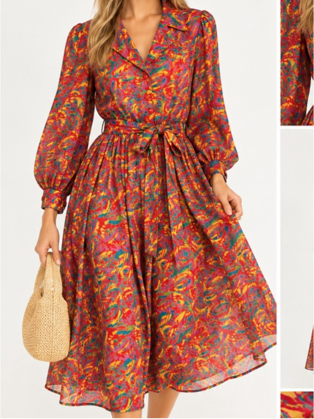 Vintage silk Abstract Print Belted Midi Dress Red Multicolor Feel Long Sleeve